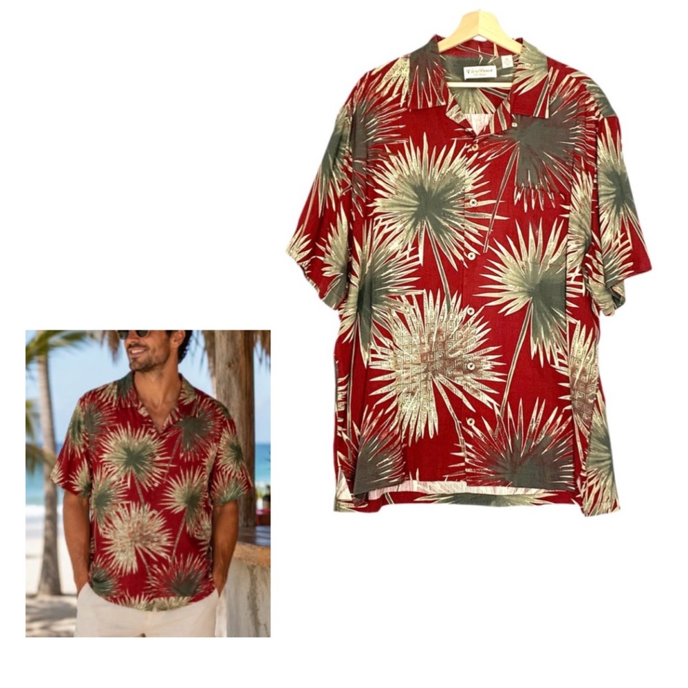 Caribbean Silk Blend Floral Print Short Sleeve Camp Shirt Size XL Maroon Tan